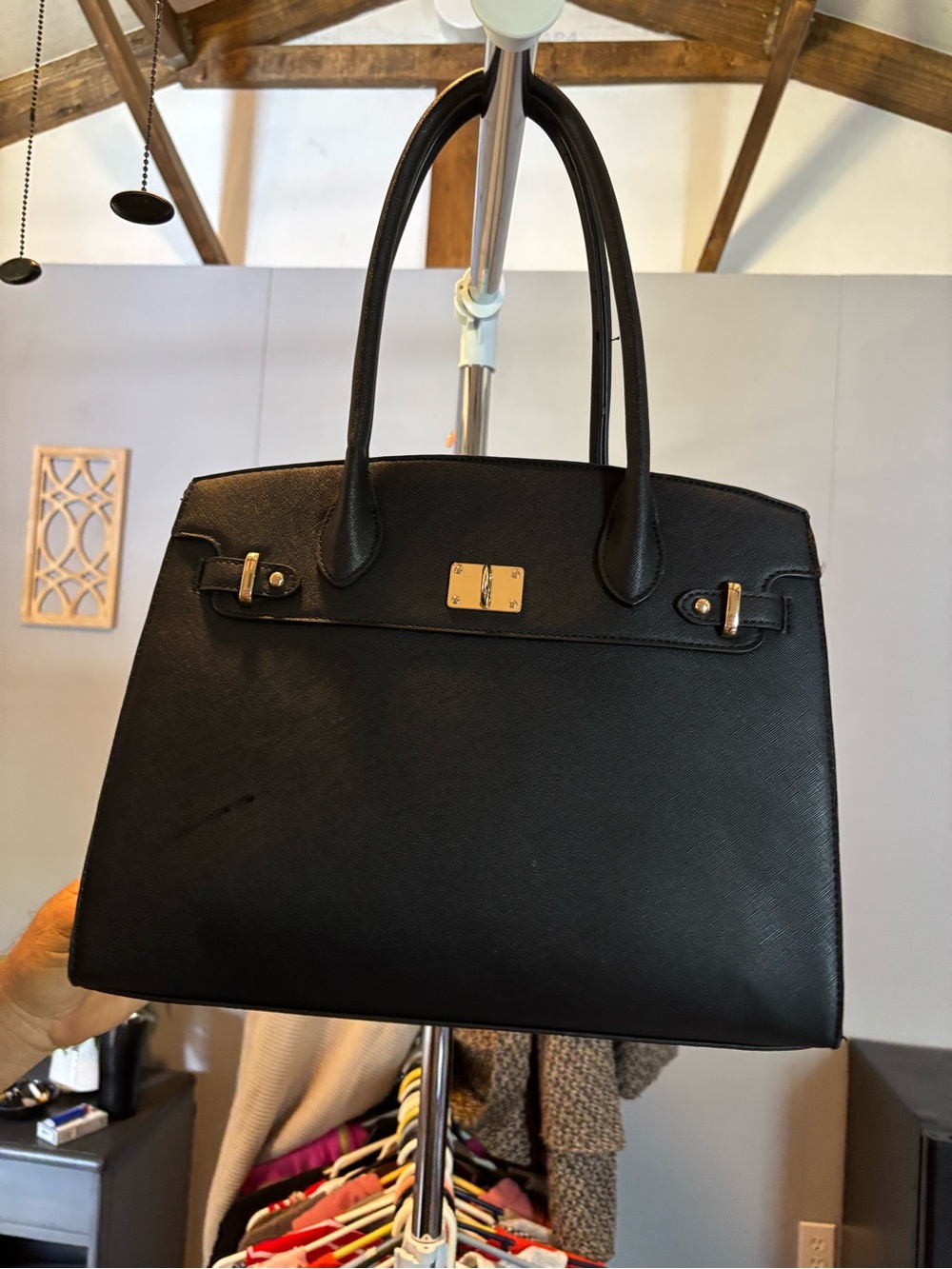 Black Structured Tote Handbag with Gold Hardware